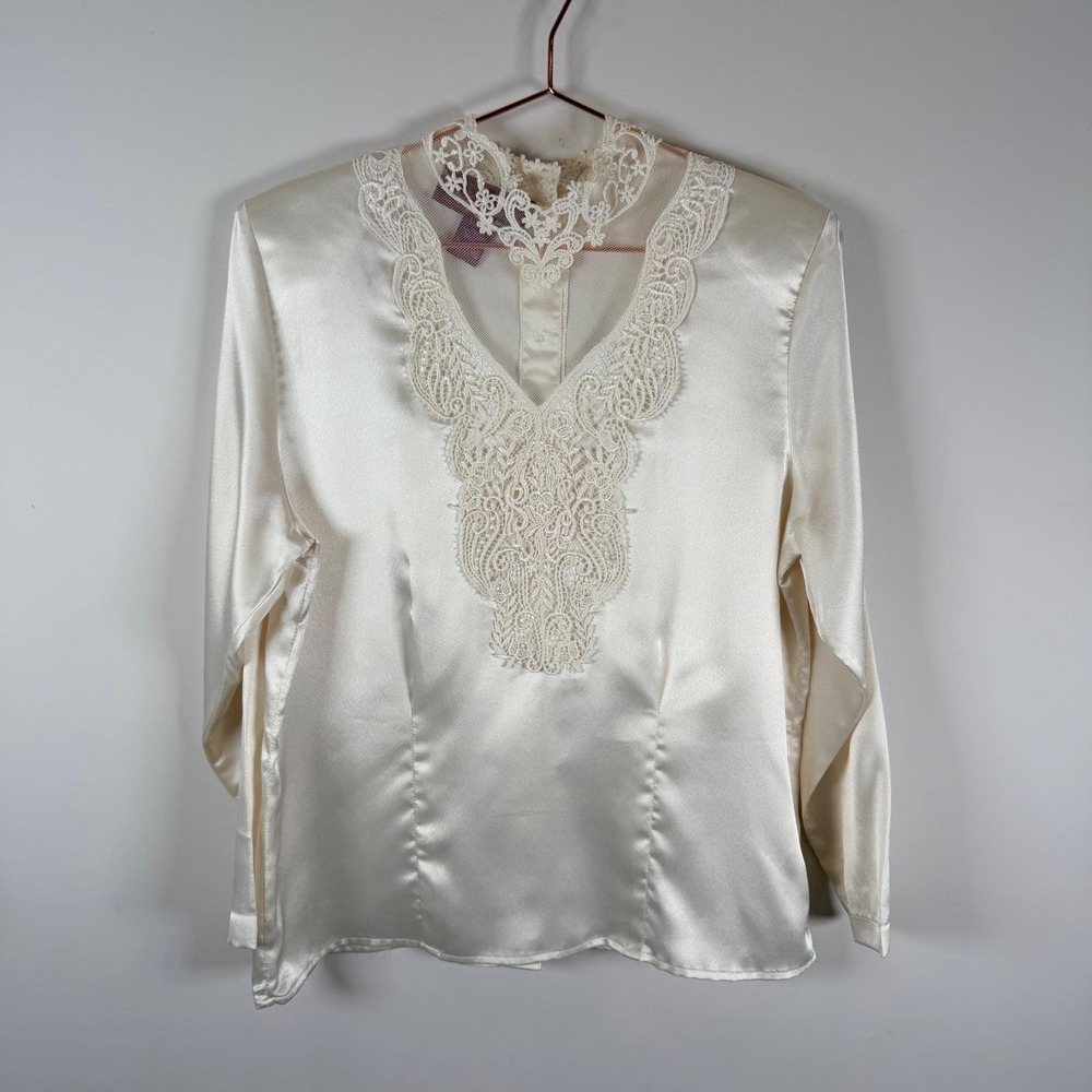 Worthington Vtg Ivory Satin Lace Blouse 10 Long Sleeve Mock Neck Top Victorian